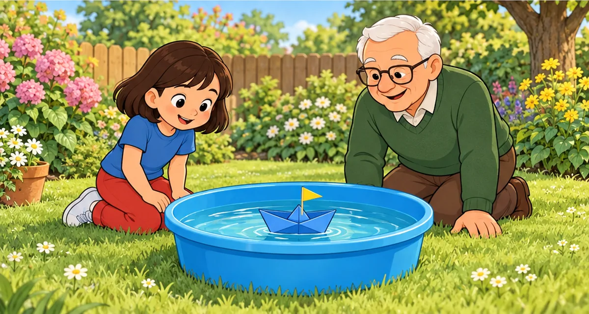 Lucy and Grandpa kneel beside a round blue tub with one blue paper boat floating inside.